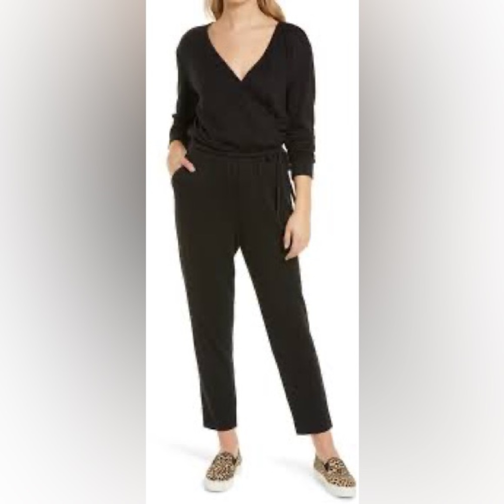 Caslon Surplice Tie Waist Jumpsuit in Black - Long Sleeve Stretch Knit